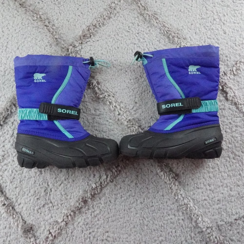 Sorel Kids Youth sz 2 Flurry Snow Boots Gray Bungee Cord Waterproof NY1885-078